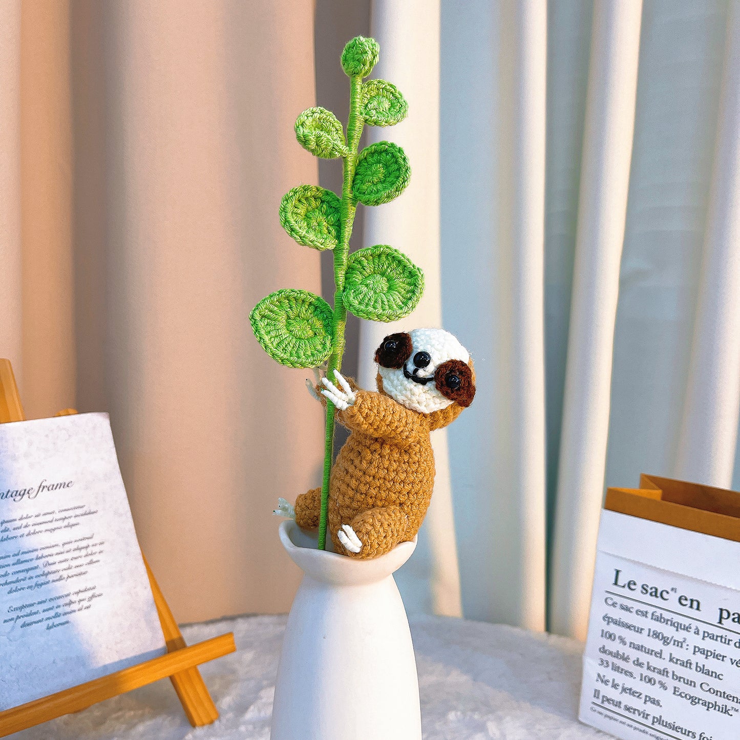 Crochet Sloth Plushie - White Face & Light Brown Body Sloth with Flower Bouquet Accessory, Hypoallergenic Gift for Animal Lovers, Baby Shower, Birthday, Christmas Decoration