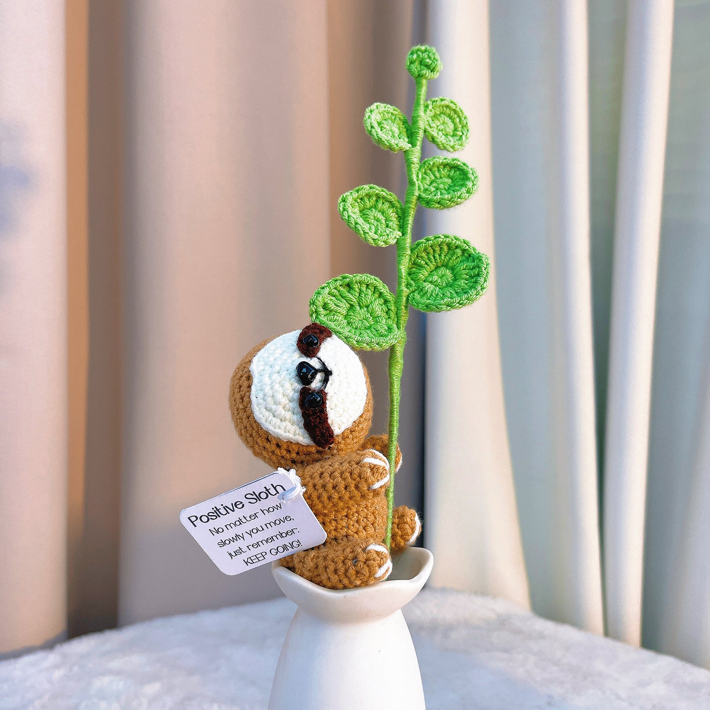 Crochet Sloth Plushie - White Face & Light Brown Body Sloth with Flower Bouquet Accessory, Hypoallergenic Gift for Animal Lovers, Baby Shower, Birthday, Christmas Decoration