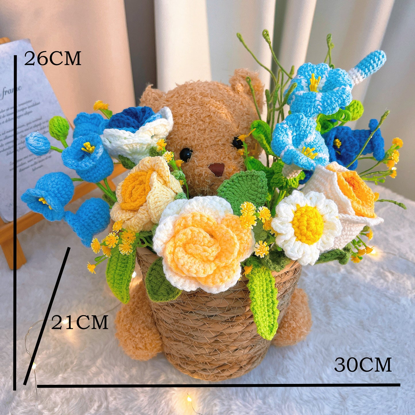 Teddy Bear Flower Bucket Bouquet – Handmade Crochet Floral Arrangement with Lily of The Valley Roses Daisies Morning Glory – Hypoallergenic Gift for Graduation, Valentine’s Day, Mother’s Day, Wedding, Birthday