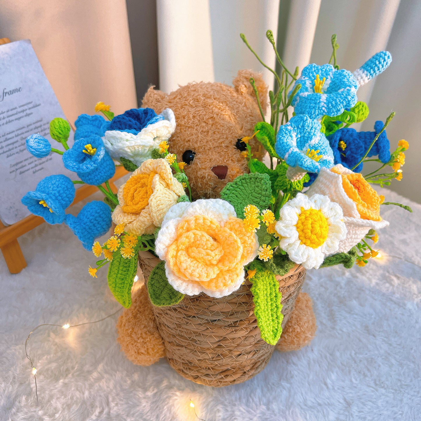 Teddy Bear Flower Bucket Bouquet – Handmade Crochet Floral Arrangement with Lily of The Valley Roses Daisies Morning Glory – Hypoallergenic Gift for Graduation, Valentine’s Day, Mother’s Day, Wedding, Birthday