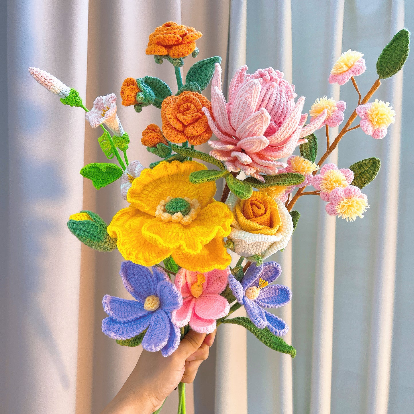 Hand Crochet Ready-to-Vase Floral Bouquet - Hypoallergenic Artificial Protea, Ranunculus, Tulip, Poppy, Rose Arrangement - Spring Home Decor, Wedding Gift, Anniversary, Mother’s Day