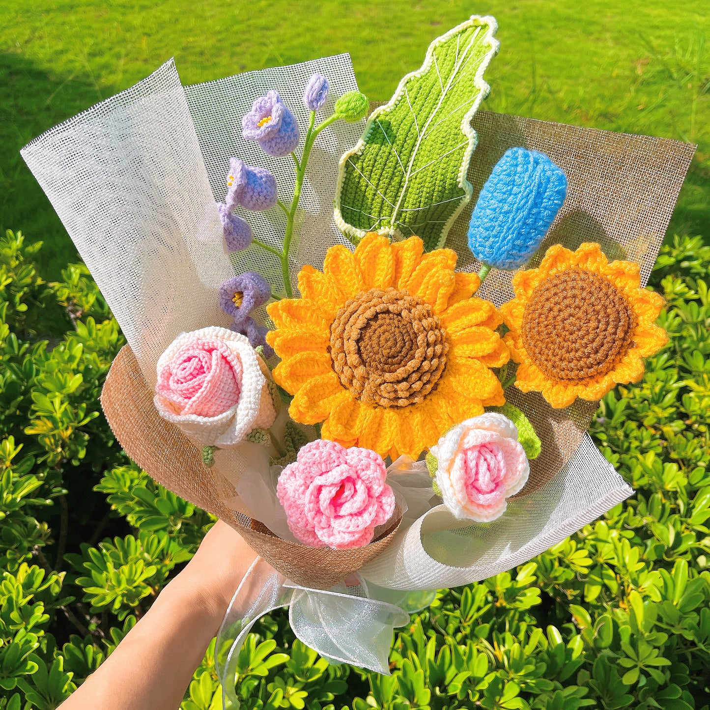 Crochet Flower Beauty Bouquet - Sunflower Light Purple Lily of The Valley Tulip Bud Rose - Hypoallergenic Wedding, Home Decor, Mother's Day Gift