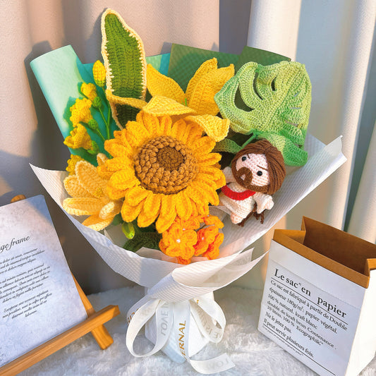 手作鉤織|洗禮祝福花束|不過敏黃百合、向日葵、鬱金香、勿忘草|獻給教會、復活節、聖誕節的永恆祈禱花禮