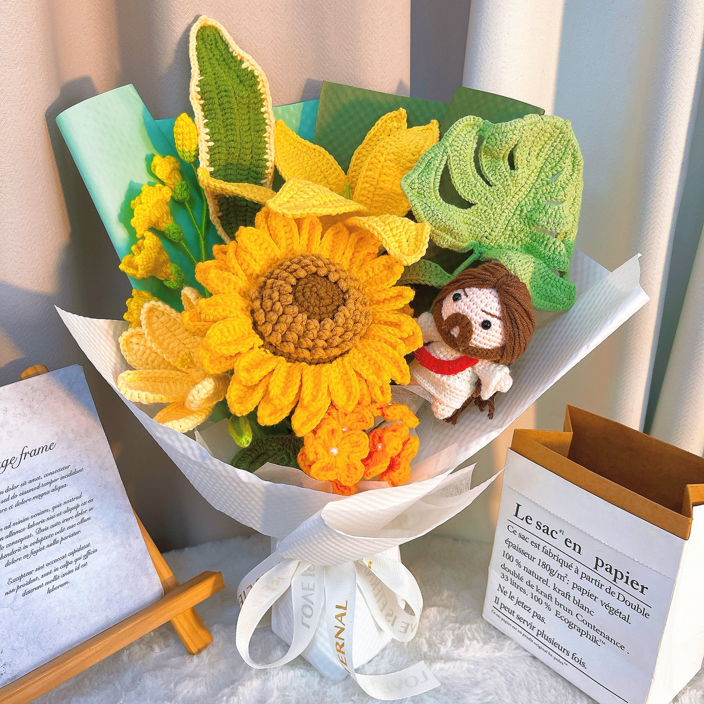Hand-Crochet Christian Baptism Bouquet - Hypoallergenic Artificial Yellow Lily, Sunflower, Tulip, Forget-Me-Not Floral Arrangement Gift Ideas for Church, Easter, Christmas