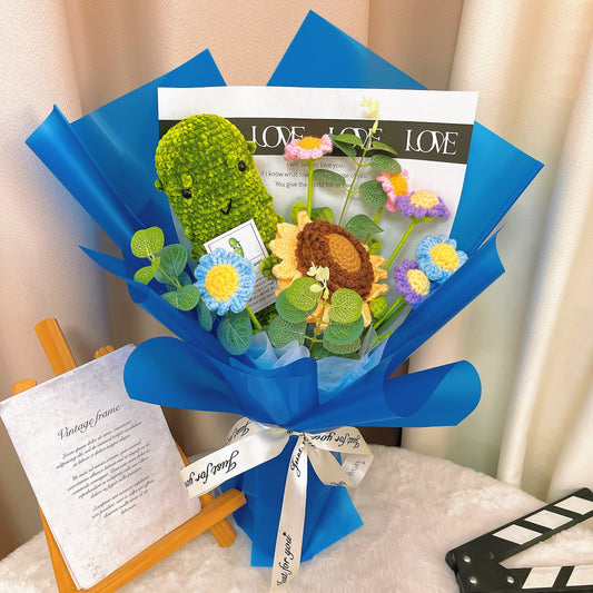 باقة زهور كروشيه مع مخلل الدعم العاطفي - عباد الشمس، أقحوان، ومخلل مع نص مخصص - هدايا لا تسبب الحساسية، للتمني بالشفاء العاجل، أعياد الميلاد، وللدعم