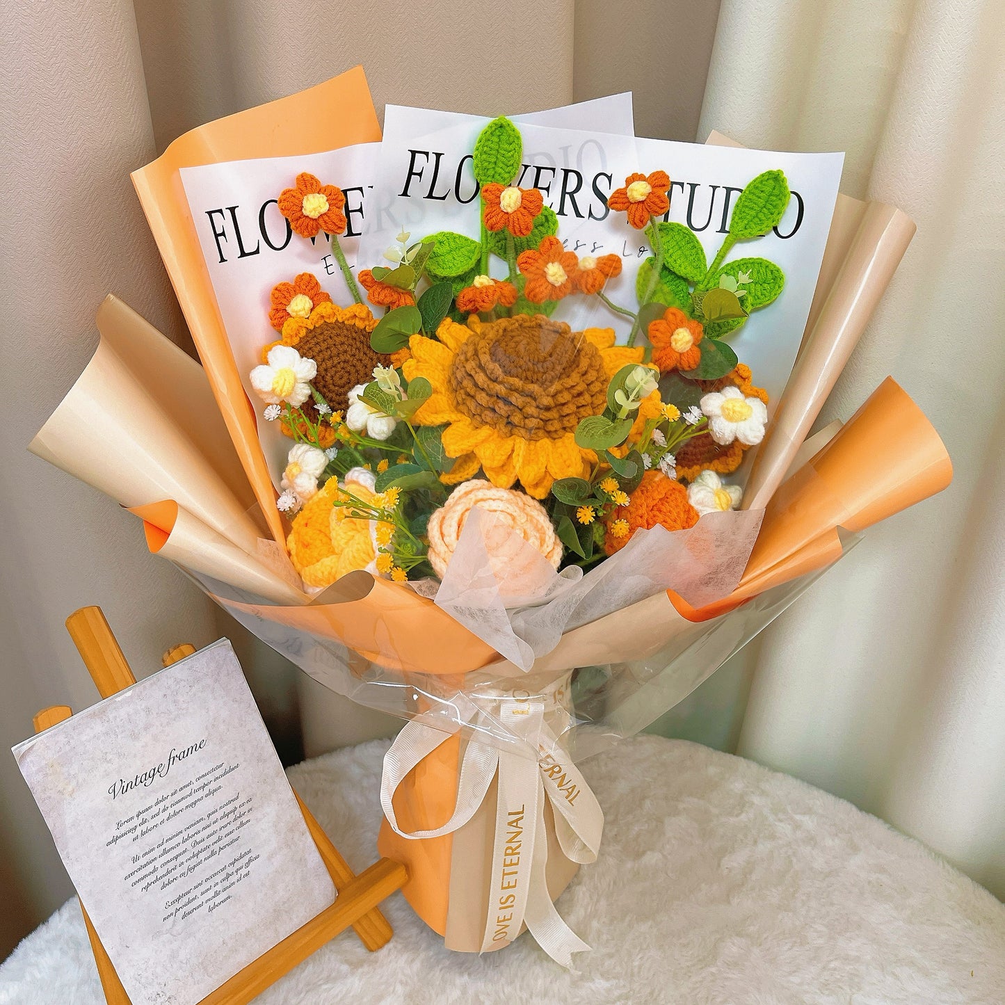 Crochet Sunflower, Rose, and Greenery Bouquet - Yellow and Orange Floral Arrangement for Home Decor, Gifts, Weddings, Birthdays, Holidays, Confession Apology