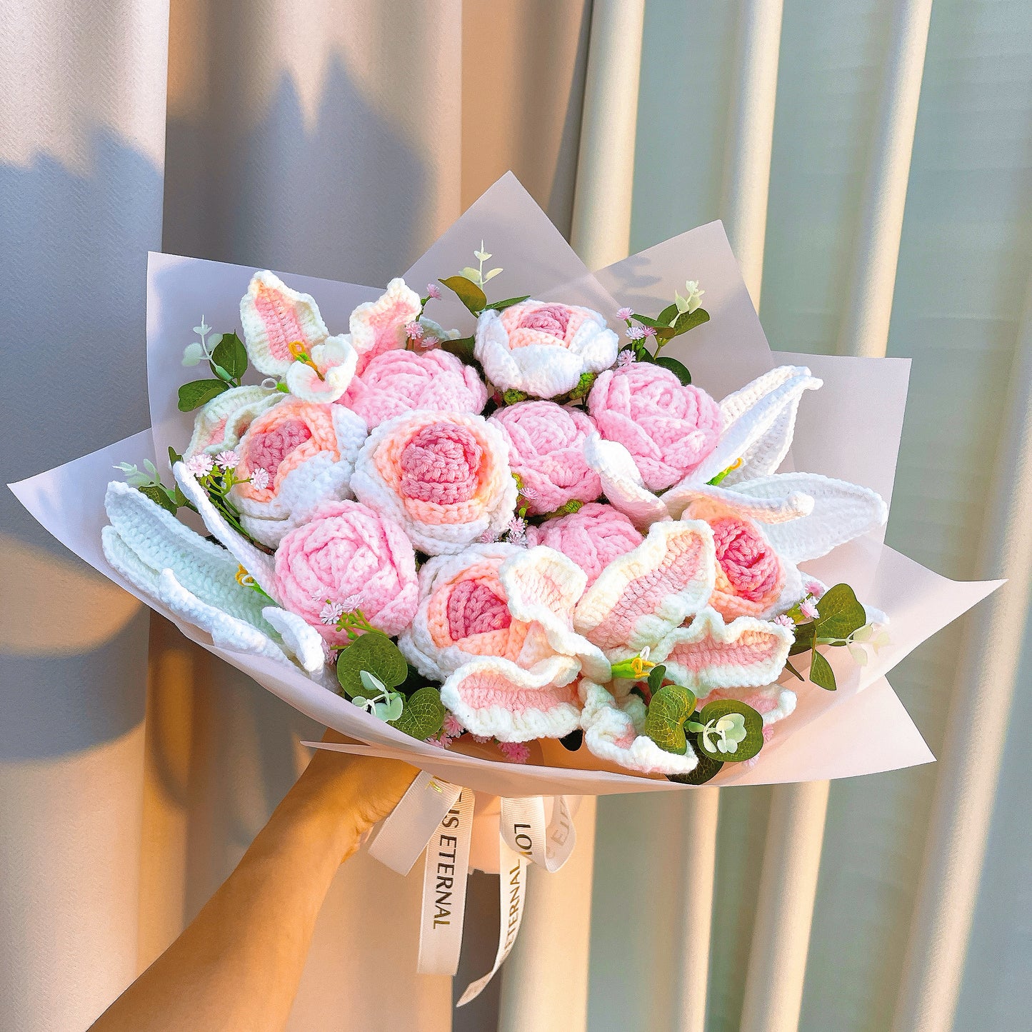 Crochet Pink & White Floral Bouquet - Handmade Hypoallergenic Lily, Rose, Baby's Breath - Allergen-Free Gift for Mother's Day, Wedding, Birthday, Home Decor