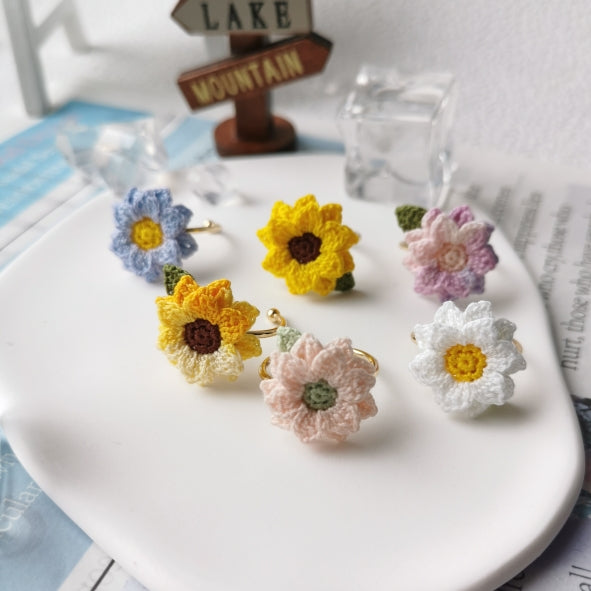 Sunflower Crochet Earrings & Rings - Handmade Lace Thread Micro Crochet Floral Ear Hooks, Studs, Dainty Rings - Hypoallergenic Flower Jewelry, Gift for Women, Boho Chic Accessories