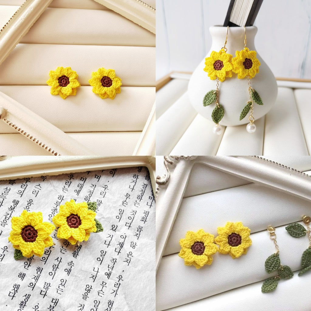 Sunflower Crochet Earrings & Rings - Handmade Lace Thread Micro Crochet Floral Ear Hooks, Studs, Dainty Rings - Hypoallergenic Flower Jewelry, Gift for Women, Boho Chic Accessories