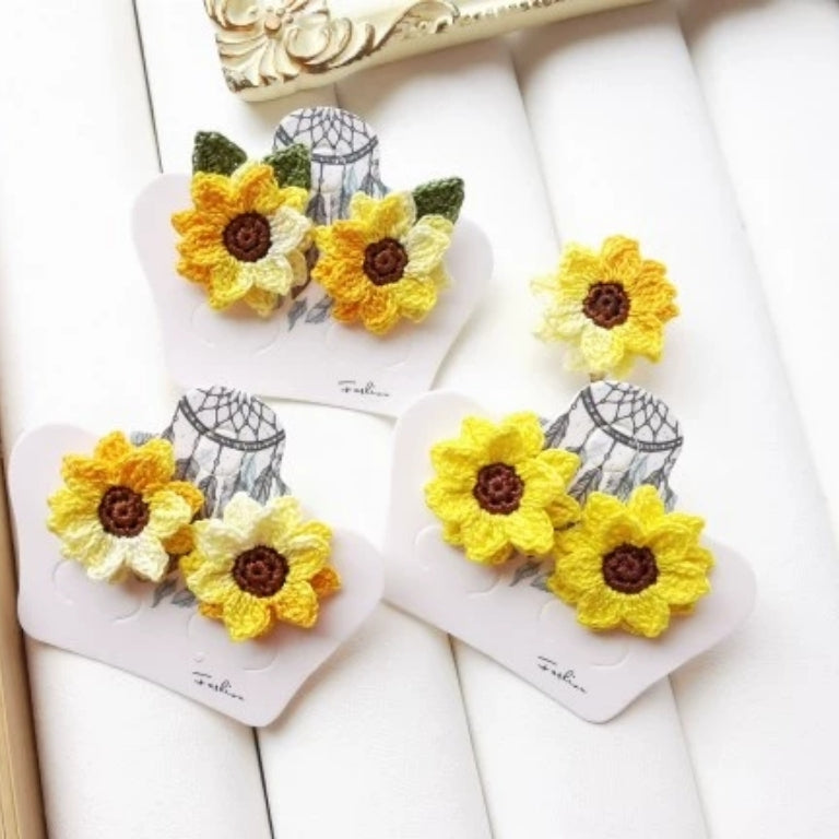 Sunflower Crochet Earrings & Rings - Handmade Lace Thread Micro Crochet Floral Ear Hooks, Studs, Dainty Rings - Hypoallergenic Flower Jewelry, Gift for Women, Boho Chic Accessories