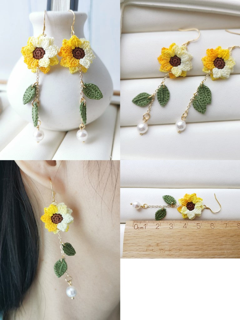 Sunflower Crochet Earrings & Rings - Handmade Lace Thread Micro Crochet Floral Ear Hooks, Studs, Dainty Rings - Hypoallergenic Flower Jewelry, Gift for Women, Boho Chic Accessories