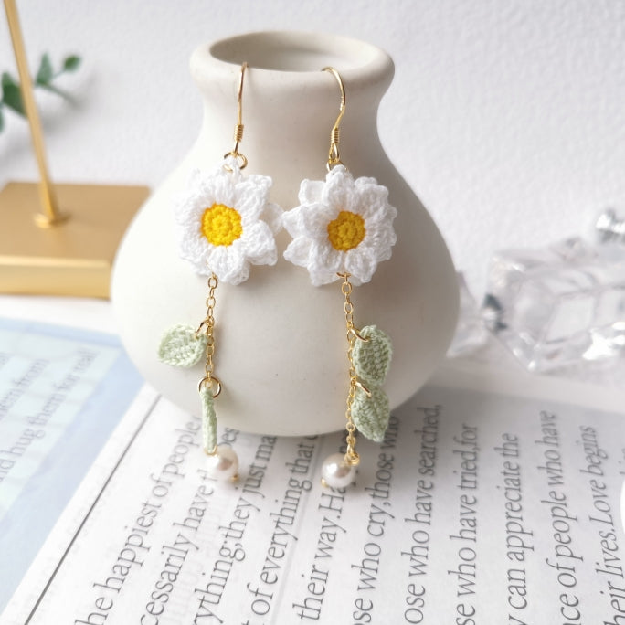 Sunflower Crochet Earrings & Rings - Handmade Lace Thread Micro Crochet Floral Ear Hooks, Studs, Dainty Rings - Hypoallergenic Flower Jewelry, Gift for Women, Boho Chic Accessories