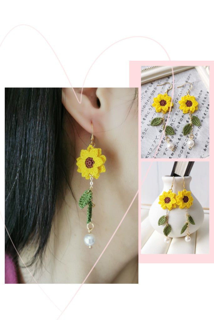 Sunflower Crochet Earrings & Rings - Handmade Lace Thread Micro Crochet Floral Ear Hooks, Studs, Dainty Rings - Hypoallergenic Flower Jewelry, Gift for Women, Boho Chic Accessories