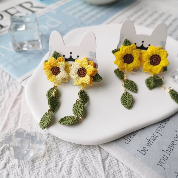 Sunflower Crochet Earrings & Rings - Handmade Lace Thread Micro Crochet Floral Ear Hooks, Studs, Dainty Rings - Hypoallergenic Flower Jewelry, Gift for Women, Boho Chic Accessories