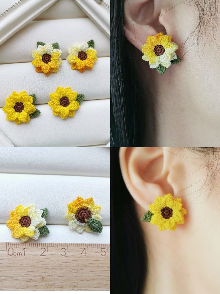 Sunflower Crochet Earrings & Rings - Handmade Lace Thread Micro Crochet Floral Ear Hooks, Studs, Dainty Rings - Hypoallergenic Flower Jewelry, Gift for Women, Boho Chic Accessories