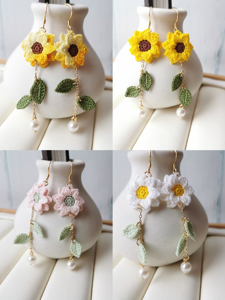 Sunflower Crochet Earrings & Rings - Handmade Lace Thread Micro Crochet Floral Ear Hooks, Studs, Dainty Rings - Hypoallergenic Flower Jewelry, Gift for Women, Boho Chic Accessories