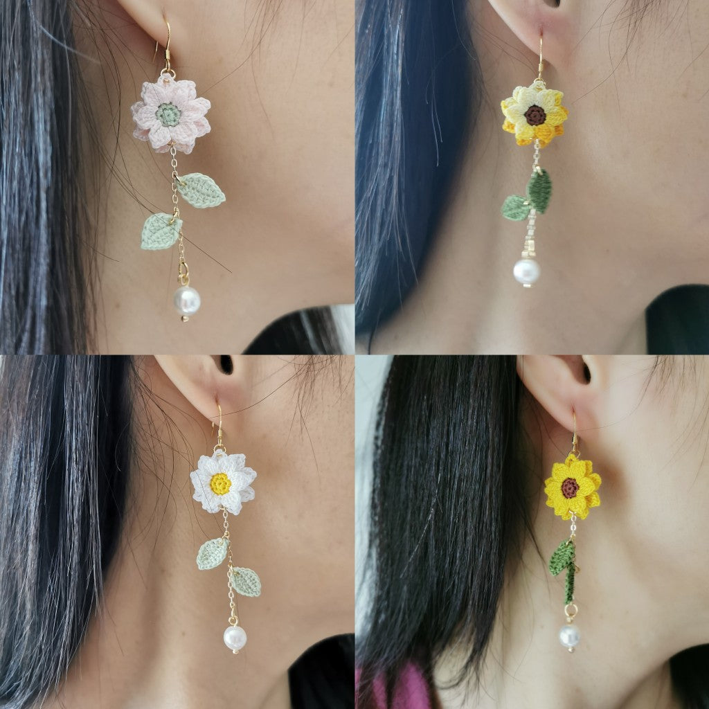Sunflower Crochet Earrings & Rings - Handmade Lace Thread Micro Crochet Floral Ear Hooks, Studs, Dainty Rings - Hypoallergenic Flower Jewelry, Gift for Women, Boho Chic Accessories