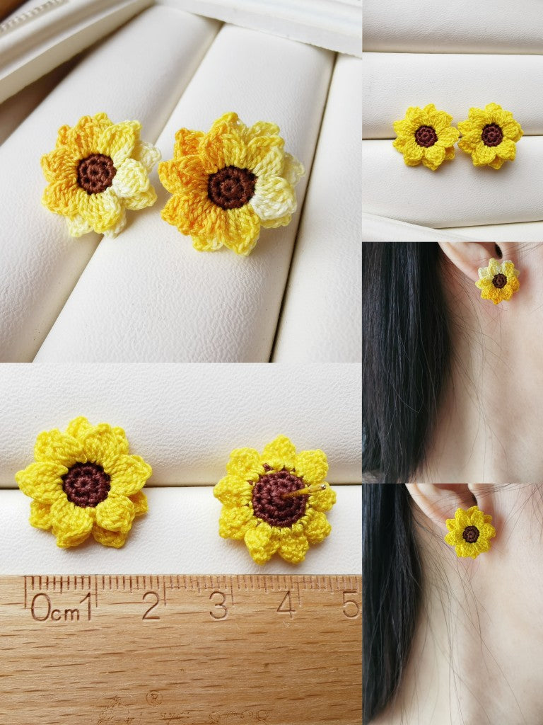 Sunflower Crochet Earrings & Rings - Handmade Lace Thread Micro Crochet Floral Ear Hooks, Studs, Dainty Rings - Hypoallergenic Flower Jewelry, Gift for Women, Boho Chic Accessories