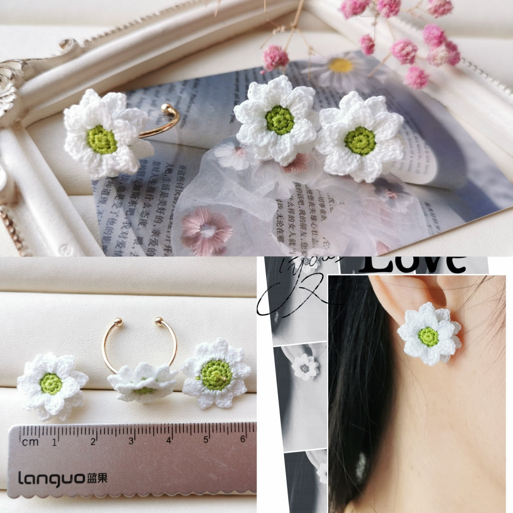 Sunflower Crochet Earrings & Rings - Handmade Lace Thread Micro Crochet Floral Ear Hooks, Studs, Dainty Rings - Hypoallergenic Flower Jewelry, Gift for Women, Boho Chic Accessories