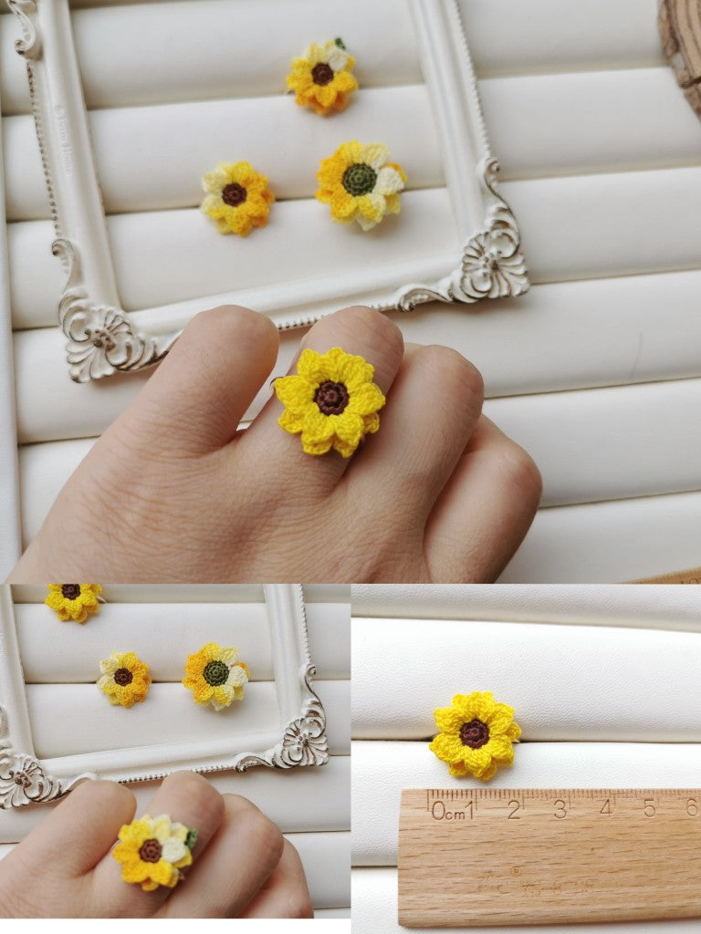 Sunflower Crochet Earrings & Rings - Handmade Lace Thread Micro Crochet Floral Ear Hooks, Studs, Dainty Rings - Hypoallergenic Flower Jewelry, Gift for Women, Boho Chic Accessories