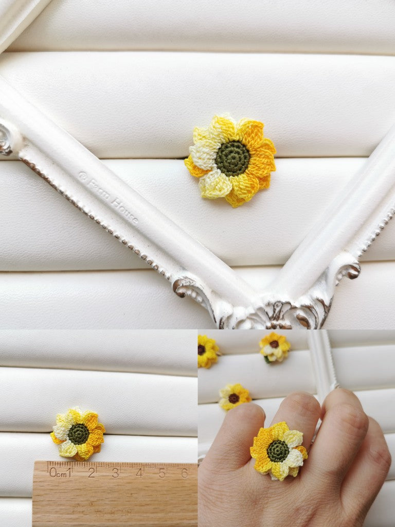 Sunflower Crochet Earrings & Rings - Handmade Lace Thread Micro Crochet Floral Ear Hooks, Studs, Dainty Rings - Hypoallergenic Flower Jewelry, Gift for Women, Boho Chic Accessories