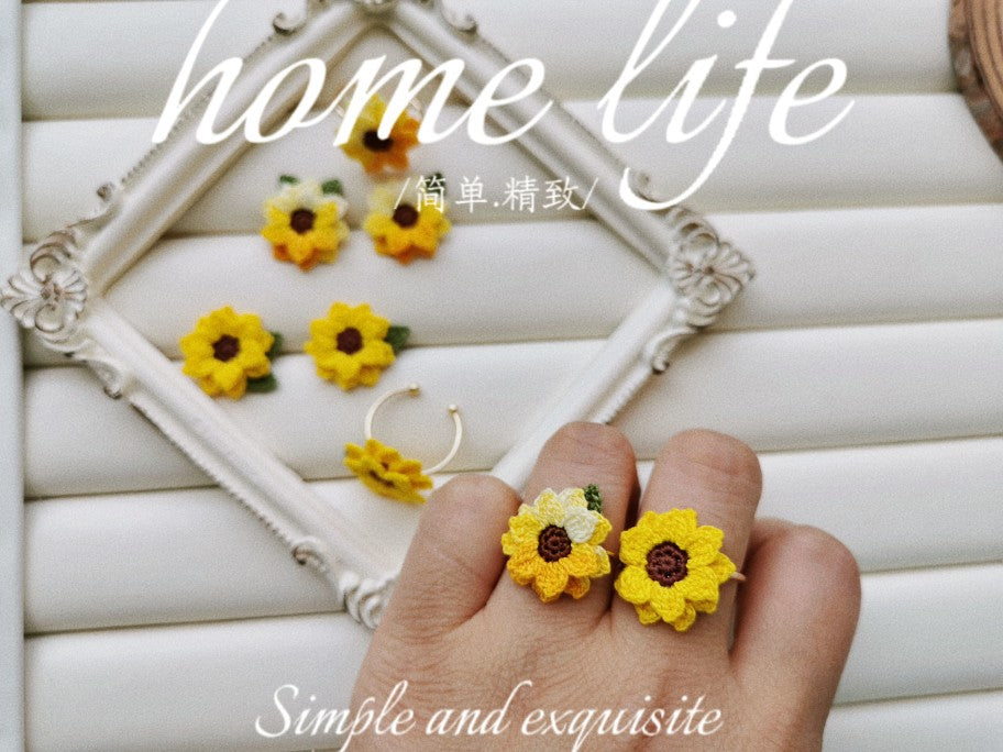 Sunflower Crochet Earrings & Rings - Handmade Lace Thread Micro Crochet Floral Ear Hooks, Studs, Dainty Rings - Hypoallergenic Flower Jewelry, Gift for Women, Boho Chic Accessories