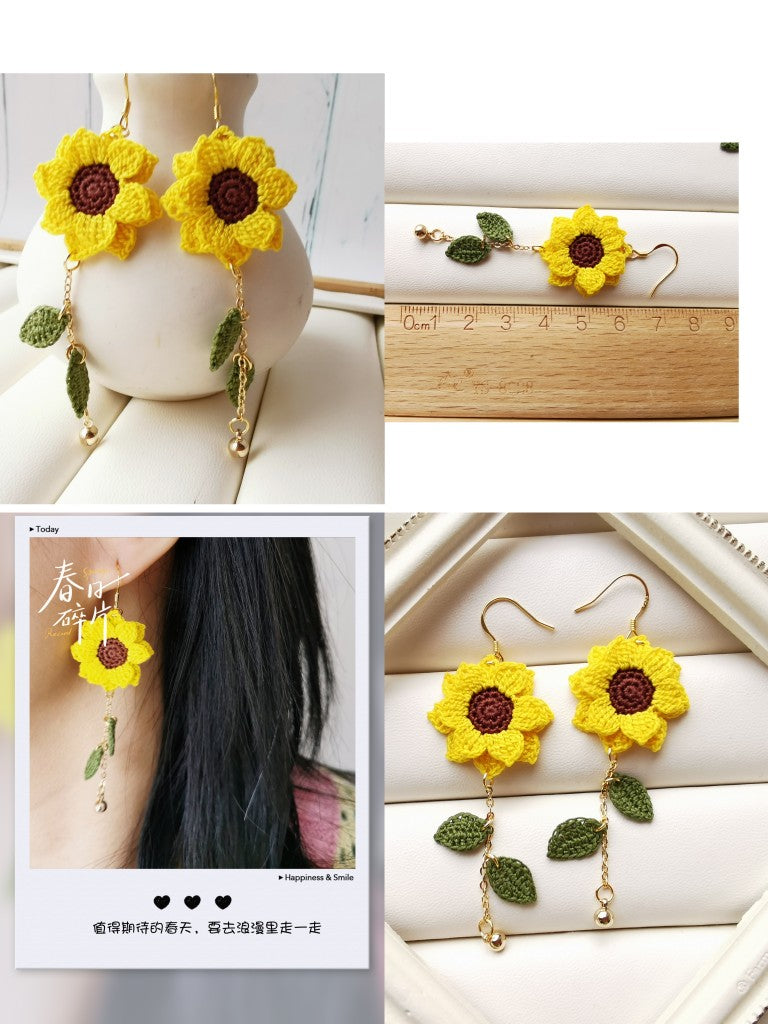 Sunflower Crochet Earrings & Rings - Handmade Lace Thread Micro Crochet Floral Ear Hooks, Studs, Dainty Rings - Hypoallergenic Flower Jewelry, Gift for Women, Boho Chic Accessories