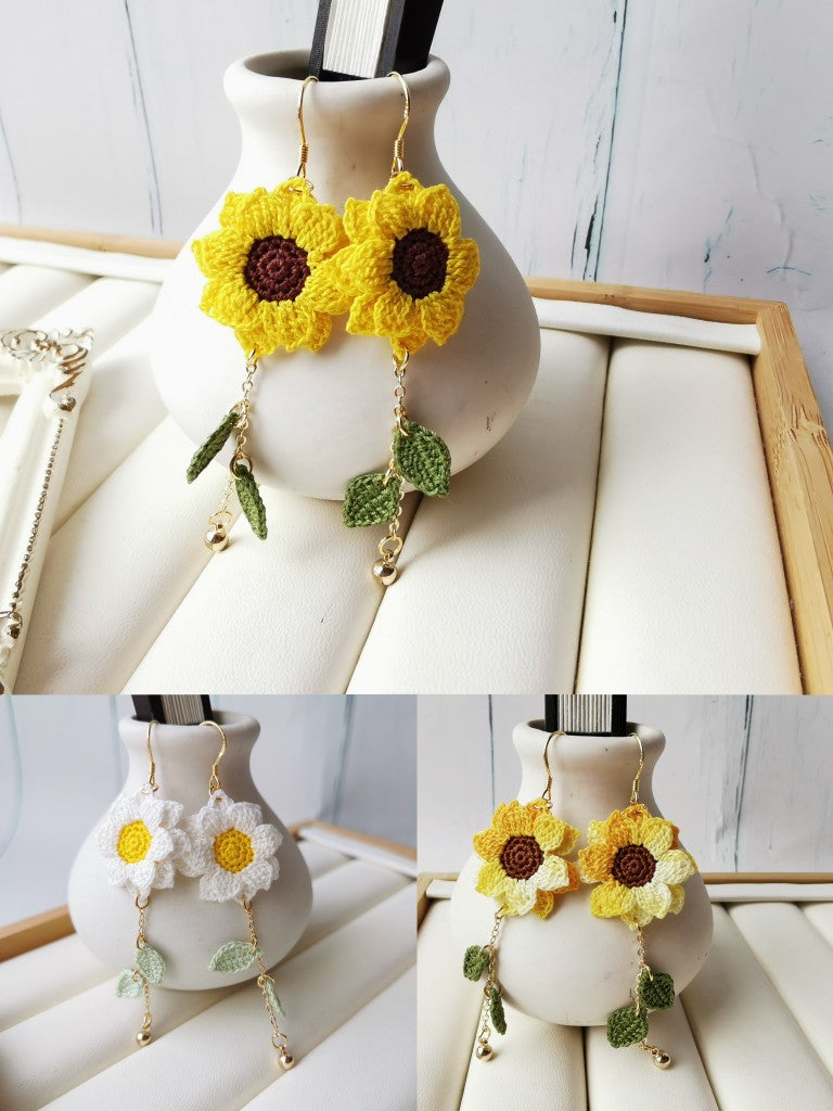 Sunflower Crochet Earrings & Rings - Handmade Lace Thread Micro Crochet Floral Ear Hooks, Studs, Dainty Rings - Hypoallergenic Flower Jewelry, Gift for Women, Boho Chic Accessories