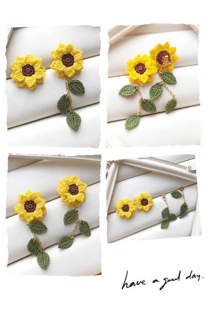 Sunflower Crochet Earrings & Rings - Handmade Lace Thread Micro Crochet Floral Ear Hooks, Studs, Dainty Rings - Hypoallergenic Flower Jewelry, Gift for Women, Boho Chic Accessories