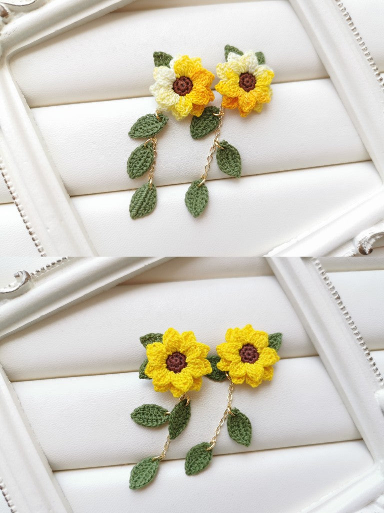 Sunflower Crochet Earrings & Rings - Handmade Lace Thread Micro Crochet Floral Ear Hooks, Studs, Dainty Rings - Hypoallergenic Flower Jewelry, Gift for Women, Boho Chic Accessories