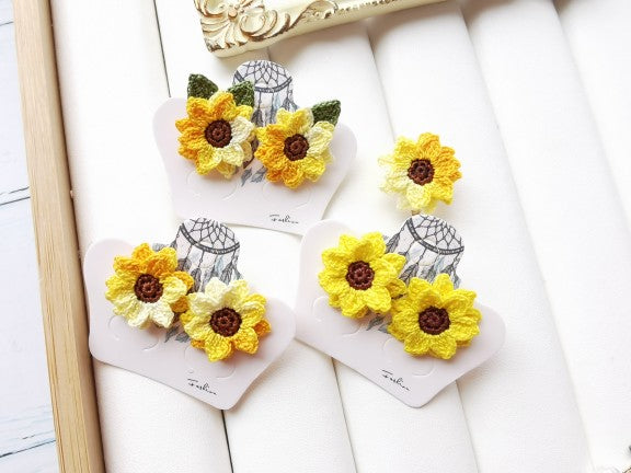 Sunflower Crochet Earrings & Rings - Handmade Lace Thread Micro Crochet Floral Ear Hooks, Studs, Dainty Rings - Hypoallergenic Flower Jewelry, Gift for Women, Boho Chic Accessories