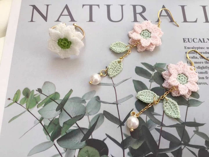 Sunflower Crochet Earrings & Rings - Handmade Lace Thread Micro Crochet Floral Ear Hooks, Studs, Dainty Rings - Hypoallergenic Flower Jewelry, Gift for Women, Boho Chic Accessories