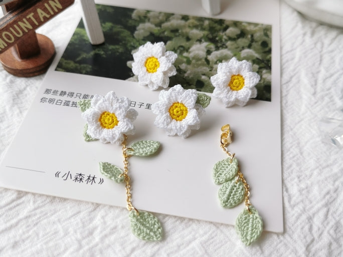 Sunflower Crochet Earrings & Rings - Handmade Lace Thread Micro Crochet Floral Ear Hooks, Studs, Dainty Rings - Hypoallergenic Flower Jewelry, Gift for Women, Boho Chic Accessories