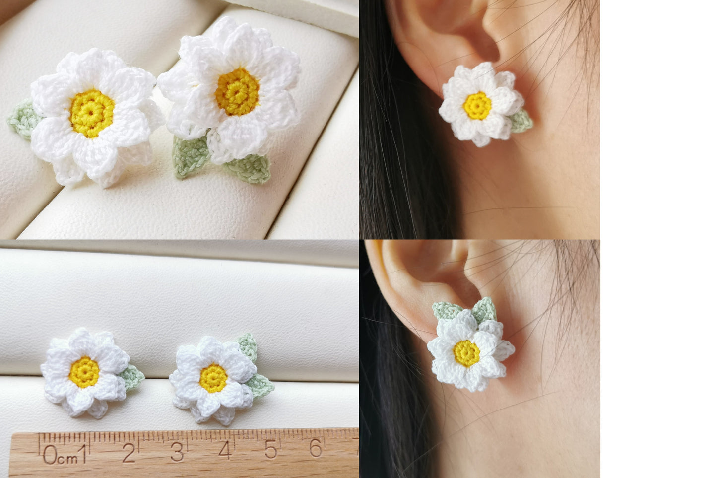 Sunflower Crochet Earrings & Rings - Handmade Lace Thread Micro Crochet Floral Ear Hooks, Studs, Dainty Rings - Hypoallergenic Flower Jewelry, Gift for Women, Boho Chic Accessories