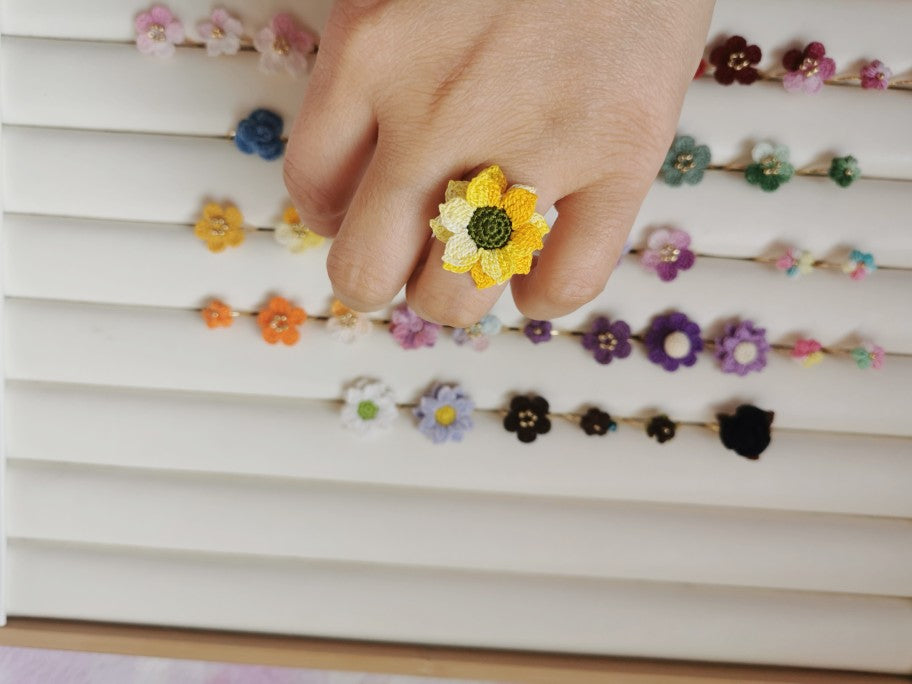 Sunflower Crochet Earrings & Rings - Handmade Lace Thread Micro Crochet Floral Ear Hooks, Studs, Dainty Rings - Hypoallergenic Flower Jewelry, Gift for Women, Boho Chic Accessories