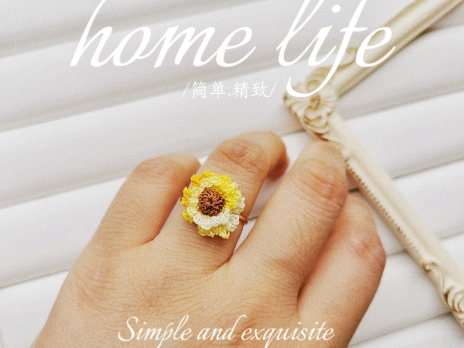 Sunflower Crochet Earrings & Rings - Handmade Lace Thread Micro Crochet Floral Ear Hooks, Studs, Dainty Rings - Hypoallergenic Flower Jewelry, Gift for Women, Boho Chic Accessories