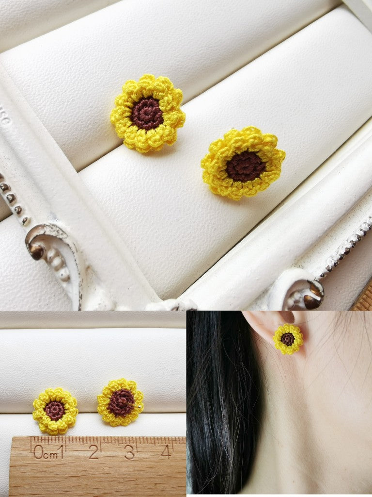 Sunflower Crochet Earrings & Rings - Handmade Lace Thread Micro Crochet Floral Ear Hooks, Studs, Dainty Rings - Hypoallergenic Flower Jewelry, Gift for Women, Boho Chic Accessories