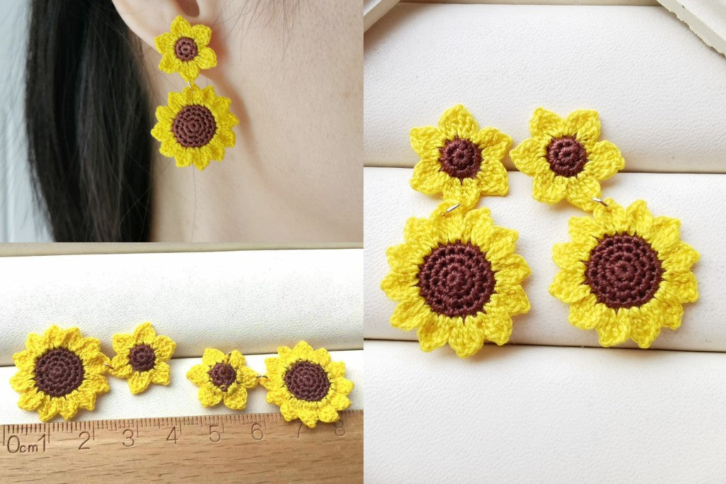 Sunflower Crochet Earrings & Rings - Handmade Lace Thread Micro Crochet Floral Ear Hooks, Studs, Dainty Rings - Hypoallergenic Flower Jewelry, Gift for Women, Boho Chic Accessories