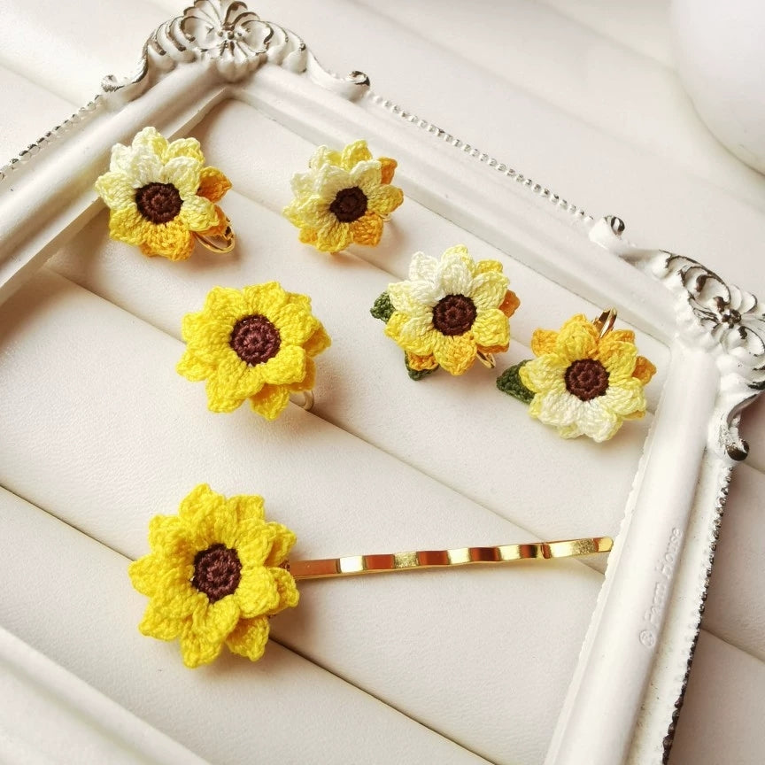 Sunflower Crochet Earrings & Rings - Handmade Lace Thread Micro Crochet Floral Ear Hooks, Studs, Dainty Rings - Hypoallergenic Flower Jewelry, Gift for Women, Boho Chic Accessories