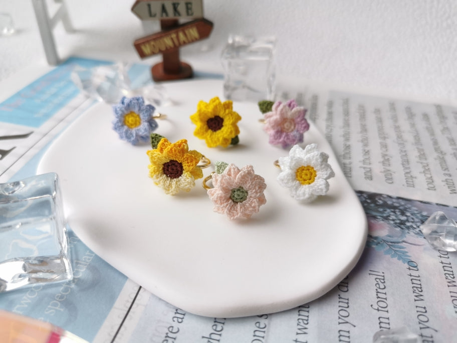 Sunflower Crochet Earrings & Rings - Handmade Lace Thread Micro Crochet Floral Ear Hooks, Studs, Dainty Rings - Hypoallergenic Flower Jewelry, Gift for Women, Boho Chic Accessories