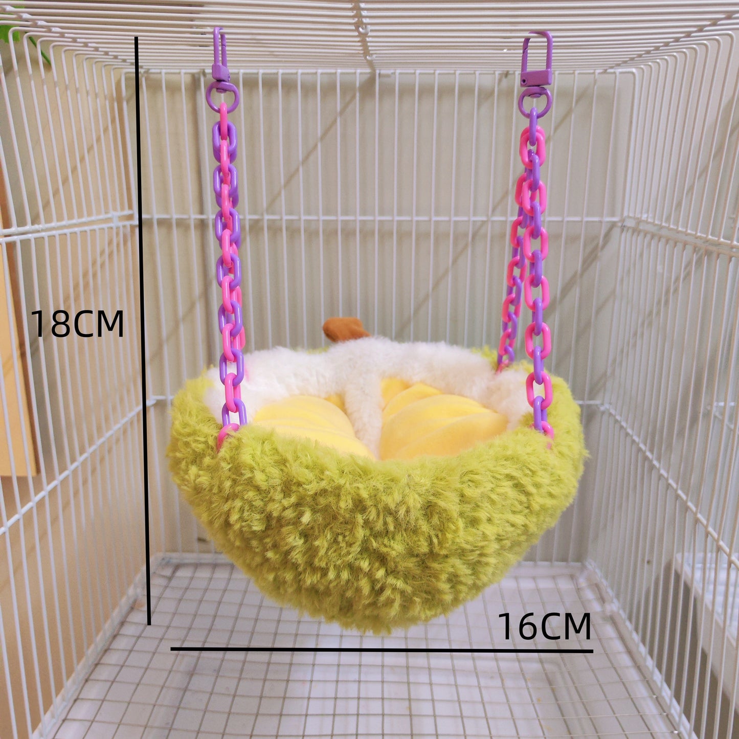 Crafted Green-Yellow Parrot Bird Durian Design Nest with Hooks & Plastic Chains, Hanging Birdhouse for Cage, Cotton-Filled Half-Moon Shape, Comfy Sleeping Spot for Pet Birds
