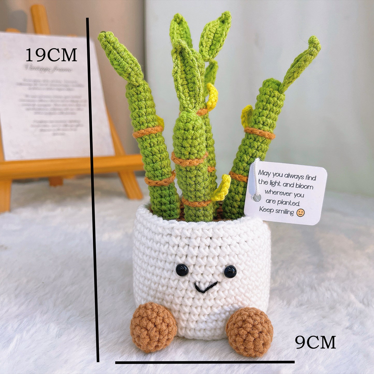 Handmade Crochet Ribbon Plant Plushie with Customized Supportive Message – White Planter with Green Lucky Bamboo, Feng Shui Mini Desk Decoration, Inspirational Card Perfect for Housewarming, Graduation, New Job, Get Well, Birthday