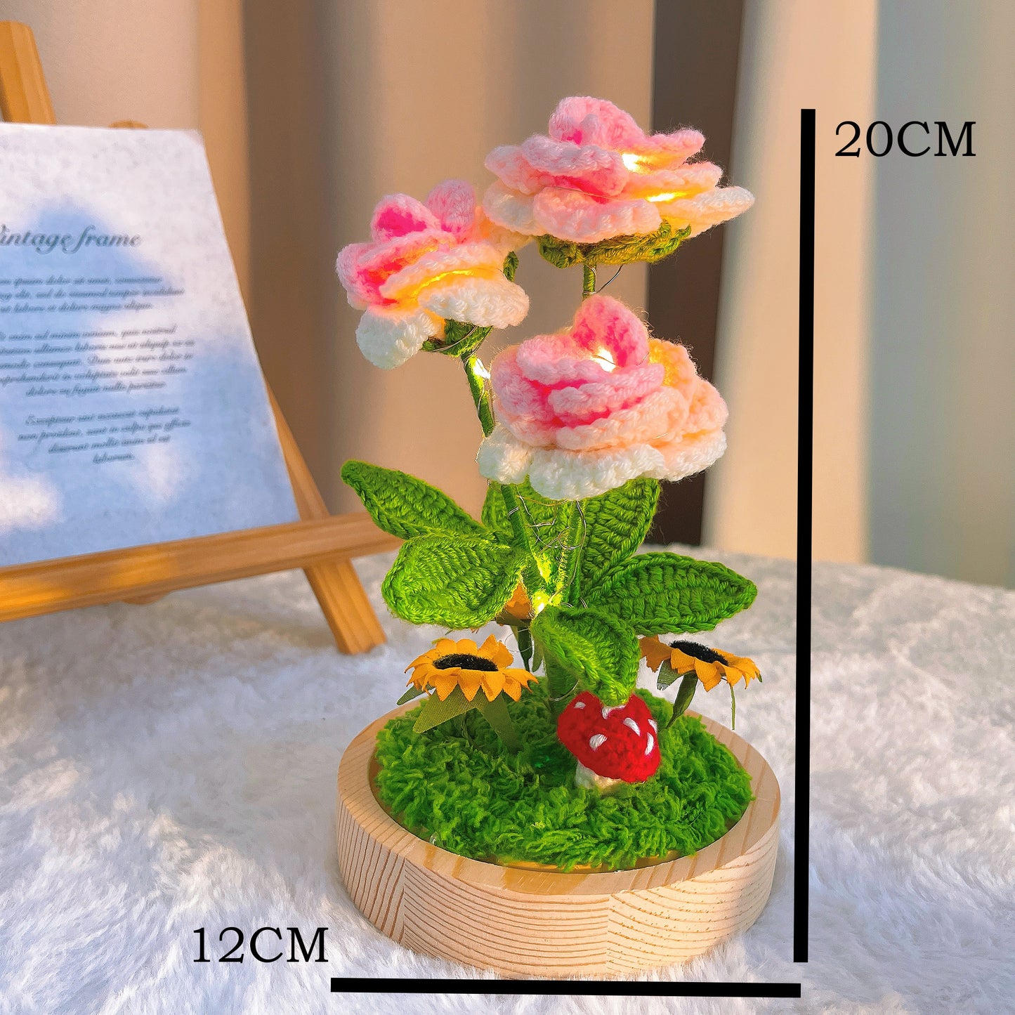 手工繪製魅力鉤針玫瑰燈籠(附玻璃燈罩、木質燈座及電池供電)——情人節生日禮物