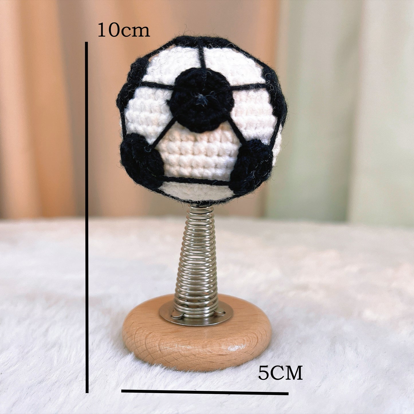 Handmade Crochet Soccer Ball Bobble Figure with Spring Wooden Base, Car Dashboard Decor, Office Desk Wobble Toy, 5x10 cm Mini Sports Ornament, Unique Gift for Football Fans