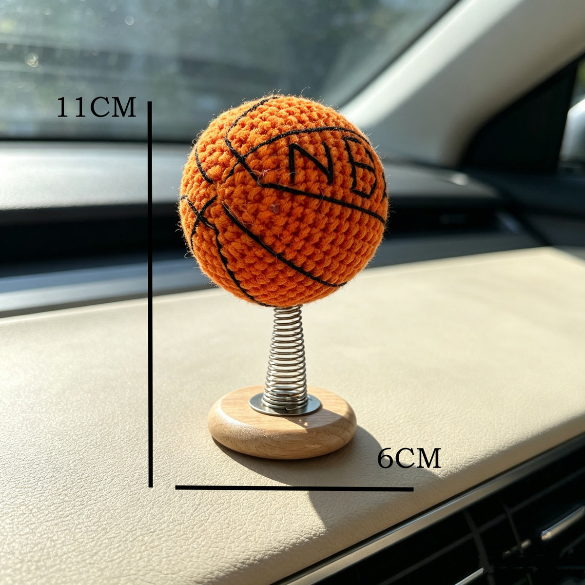 Handmade Crochet Basketball with Spring Base; Amigurumi Car Dashboard & Desktop Ornament | Cute Yarn Basketball Decor | Gift for Basketball Fans, Birthday, Christmas, Father's Day, Graduation | Car Interior Accessory