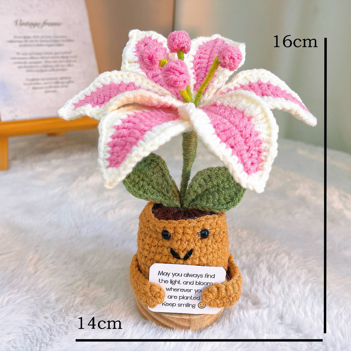Crochet Potted Lily with Customizable Card | Handmade Artificial Yarn Flower Desk Decor | Gift for Birthday, Graduation, Mother's Day, Valentine's, Housewarming | Allergy-Friendly Forever Flower