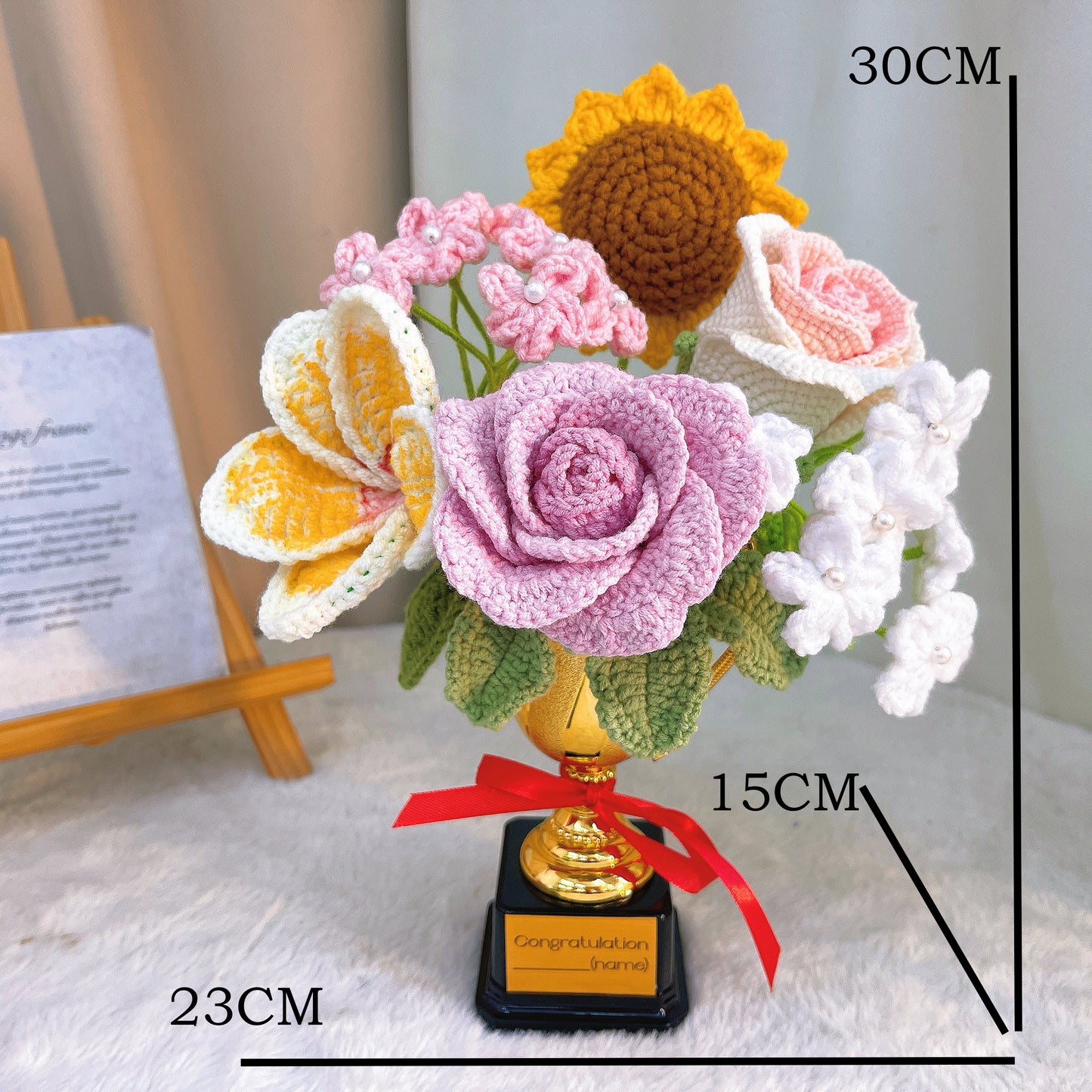 Handmade Crochet Trophy Flower Bouquet – Customizable Name/Text on Trophy Base Label Perfect Gift for Victory, Competition Winner, Graduation, Retirement, Employee of the Month, Father's Day, Mother's Day, or Any Achievement Celebration