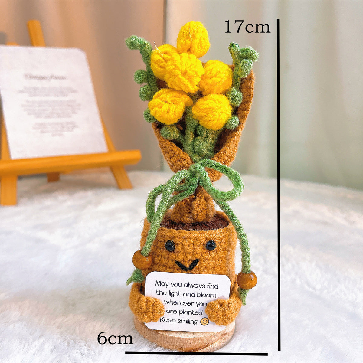 Handmade Crochet Acacia Bouquet in Pot with Customizable Card | Artificial Yarn Flower Desk Decor | Gift for Birthday, Graduation, Mother's Day, Housewarming, Farewell, Encouragement