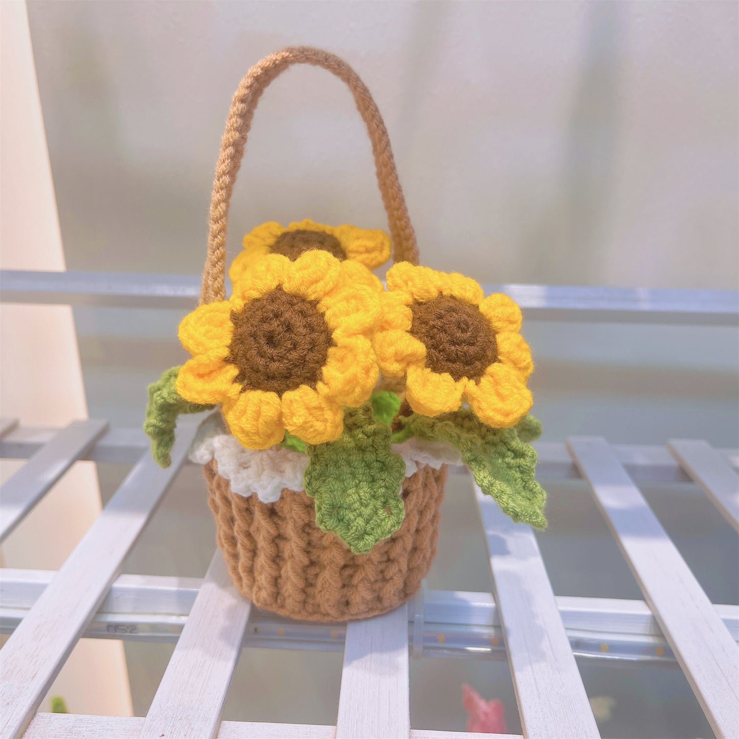 波希米亞風鉤針編織向日葵花籃 - 手工製作家居裝飾