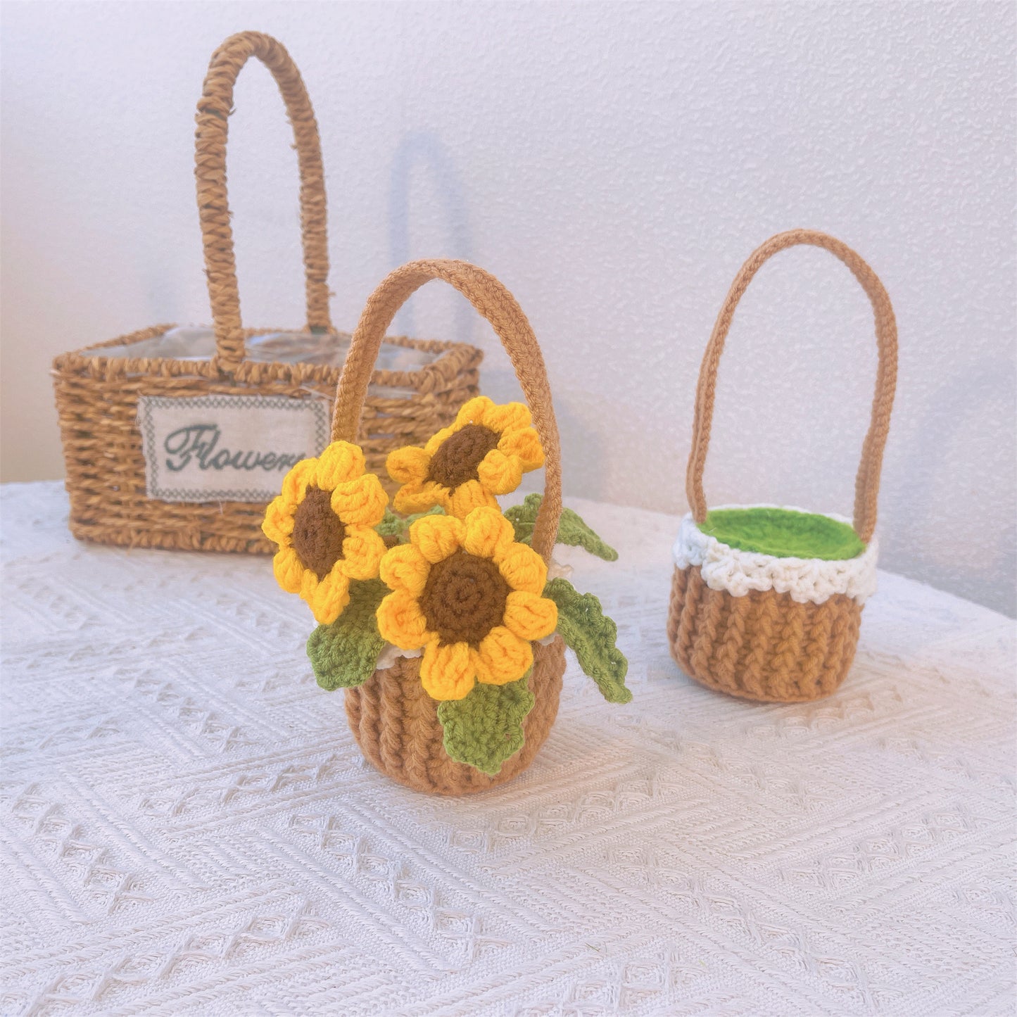 波希米亞風鉤針編織向日葵花籃 - 手工製作家居裝飾